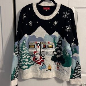 Blizzard Bay Black and White Christmas Sweater with Santa and Camper